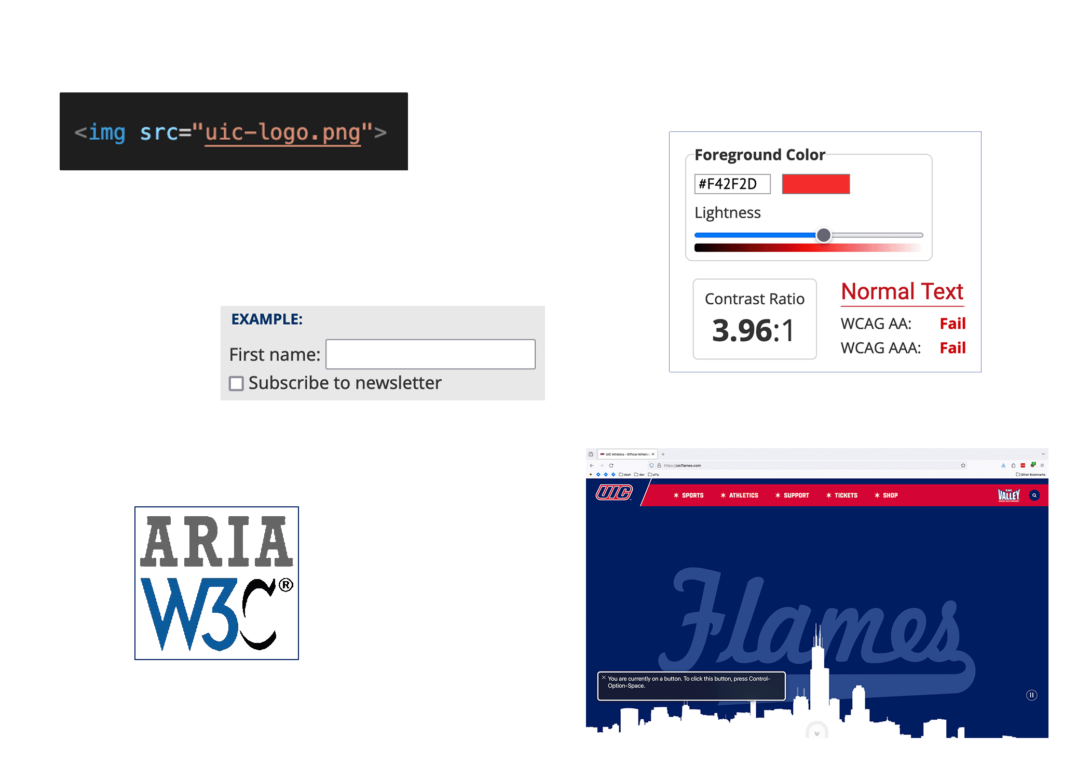 Collage of imagery illustrating common accessibility mistakes: ALT attributes, color contrast, form field labels, ARIA attribute misuses, and lack of screen reader & keyboard accessibility