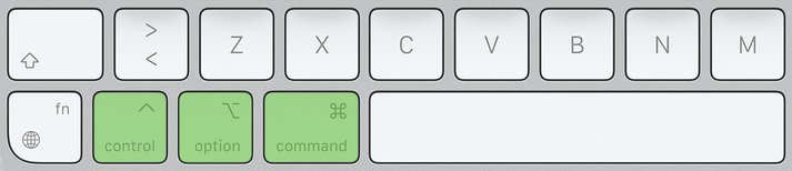 Mac keyboard with the control, option, and command keys highlighted